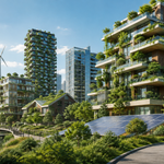 Modern sustainable city architecture with green rooftops, natural landscaping, and energy-efficient building design.
