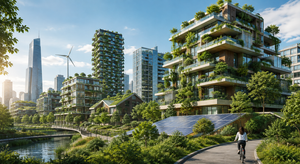 Modern sustainable city architecture with green rooftops, natural landscaping, and energy-efficient building design.
