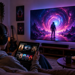 Creative professionals producing digital art, music, and video content with modern technology in a studio.