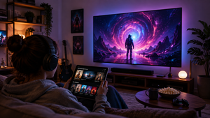 Creative professionals producing digital art, music, and video content with modern technology in a studio.