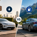 Modern electric and hybrid cars parked side by side, highlighting two practical choices for everyday drivers.