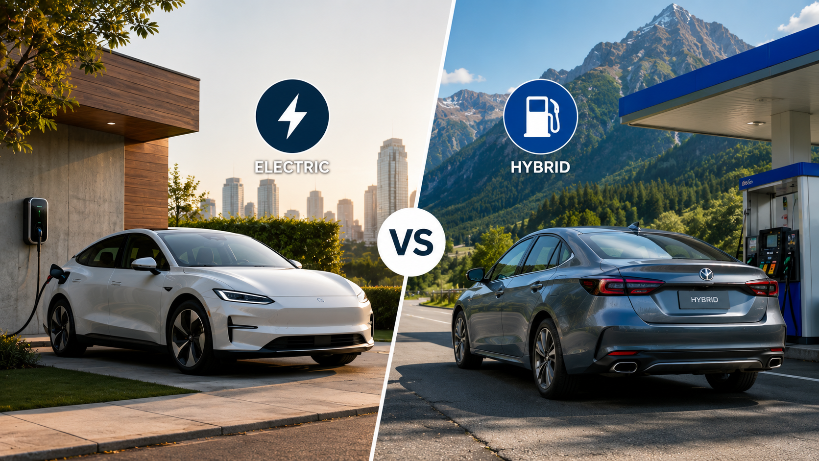 Modern electric and hybrid cars parked side by side, highlighting two practical choices for everyday drivers.