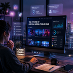 Digital publisher working across articles, video, and online media on modern screens in a professional workspace.