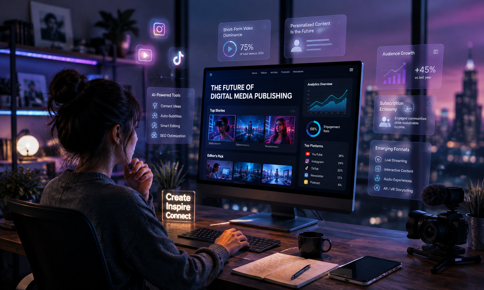 Digital publisher working across articles, video, and online media on modern screens in a professional workspace.