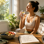 Person practicing a healthy morning routine with water, nutritious food, light exercise, and natural daylight.