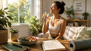 Person practicing a healthy morning routine with water, nutritious food, light exercise, and natural daylight.