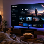 Woman watching movies and television through a modern streaming service on a smart TV in a comfortable living room.
