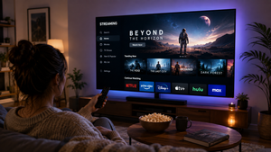 Woman watching movies and television through a modern streaming service on a smart TV in a comfortable living room.