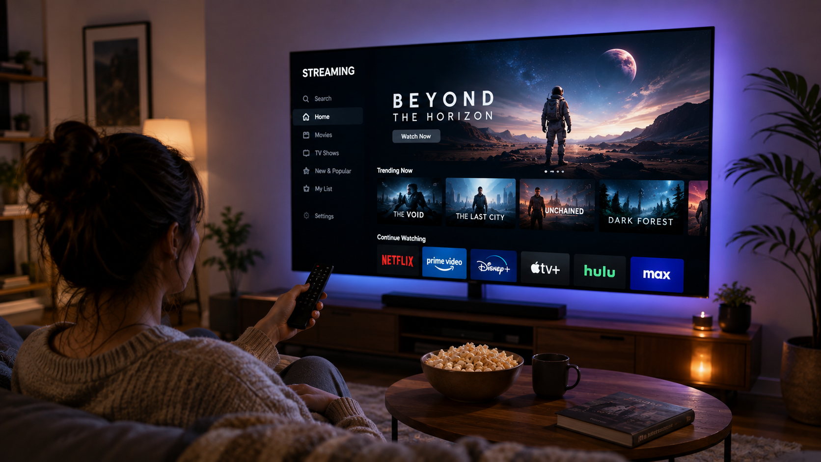 Woman watching movies and television through a modern streaming service on a smart TV in a comfortable living room.