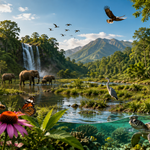 Diverse wildlife and native plants thriving together in a healthy forest ecosystem with a flowing freshwater stream.