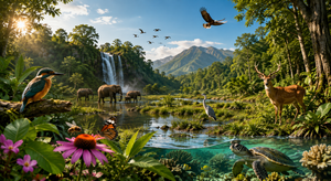 Diverse wildlife and native plants thriving together in a healthy forest ecosystem with a flowing freshwater stream.