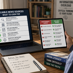 Reader comparing trusted online news reports across a laptop and tablet while checking sources and supporting evidence.