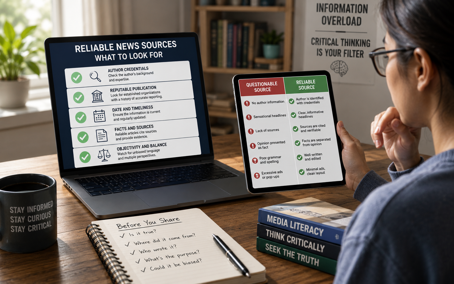 Reader comparing trusted online news reports across a laptop and tablet while checking sources and supporting evidence.