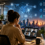 Professionals collaborating with laptops and digital tools in a modern flexible workplace shaped by new technology.