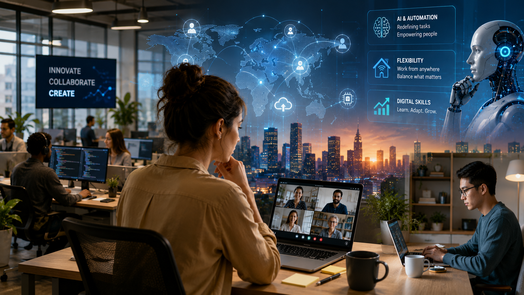 Professionals collaborating with laptops and digital tools in a modern flexible workplace shaped by new technology.