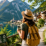 Traveler exploring a scenic natural destination with a light backpack while following a responsible low-impact travel approach.