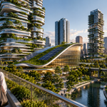 Modern sustainable city buildings with green roofs, shaded walkways, glass facades, and people using public spaces.