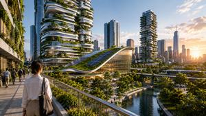 Modern sustainable city buildings with green roofs, shaded walkways, glass facades, and people using public spaces.