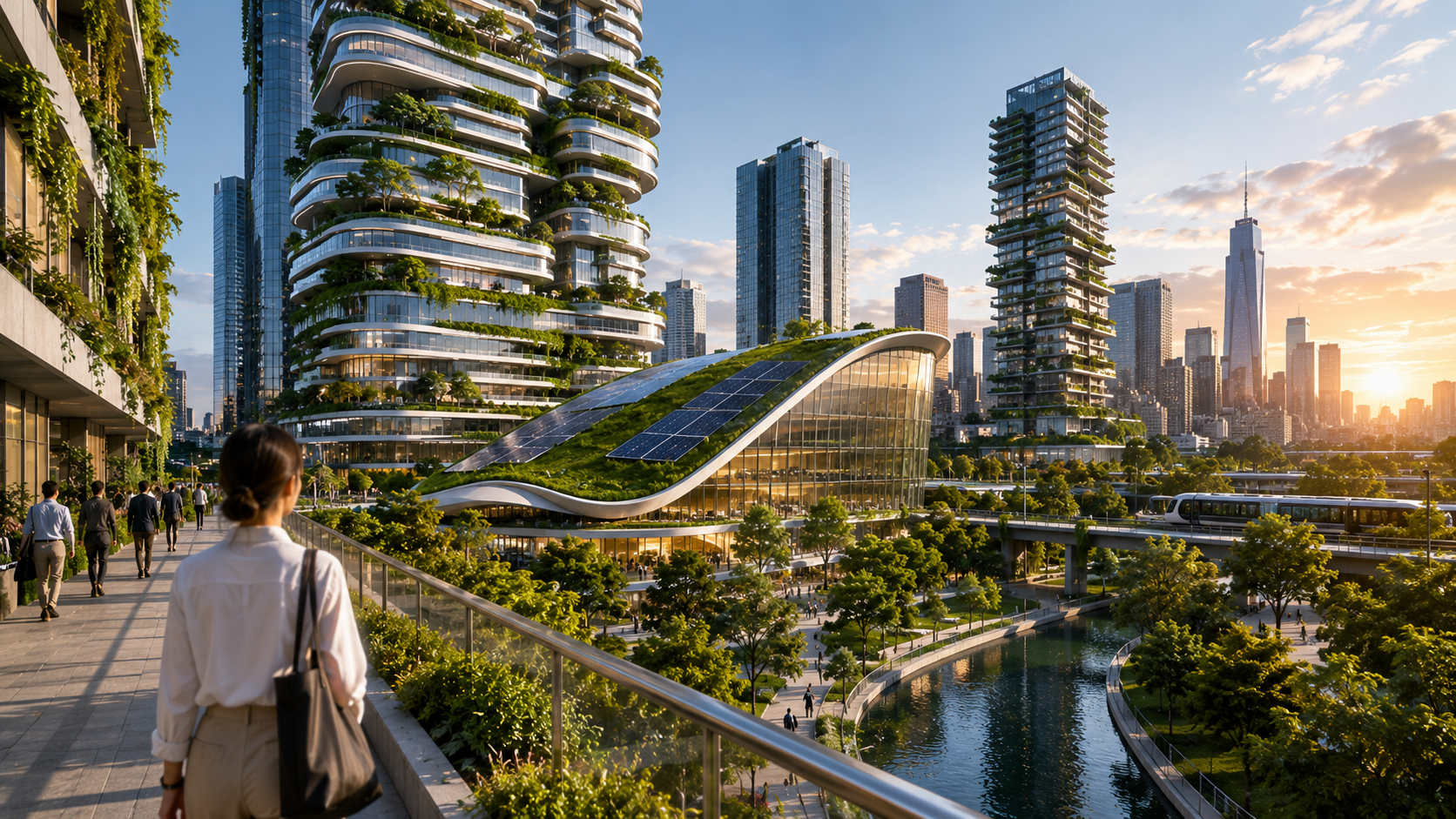 Modern sustainable city buildings with green roofs, shaded walkways, glass facades, and people using public spaces.