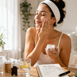 Woman following a simple morning skin care routine in natural light with minimal products on a clean bathroom counter.