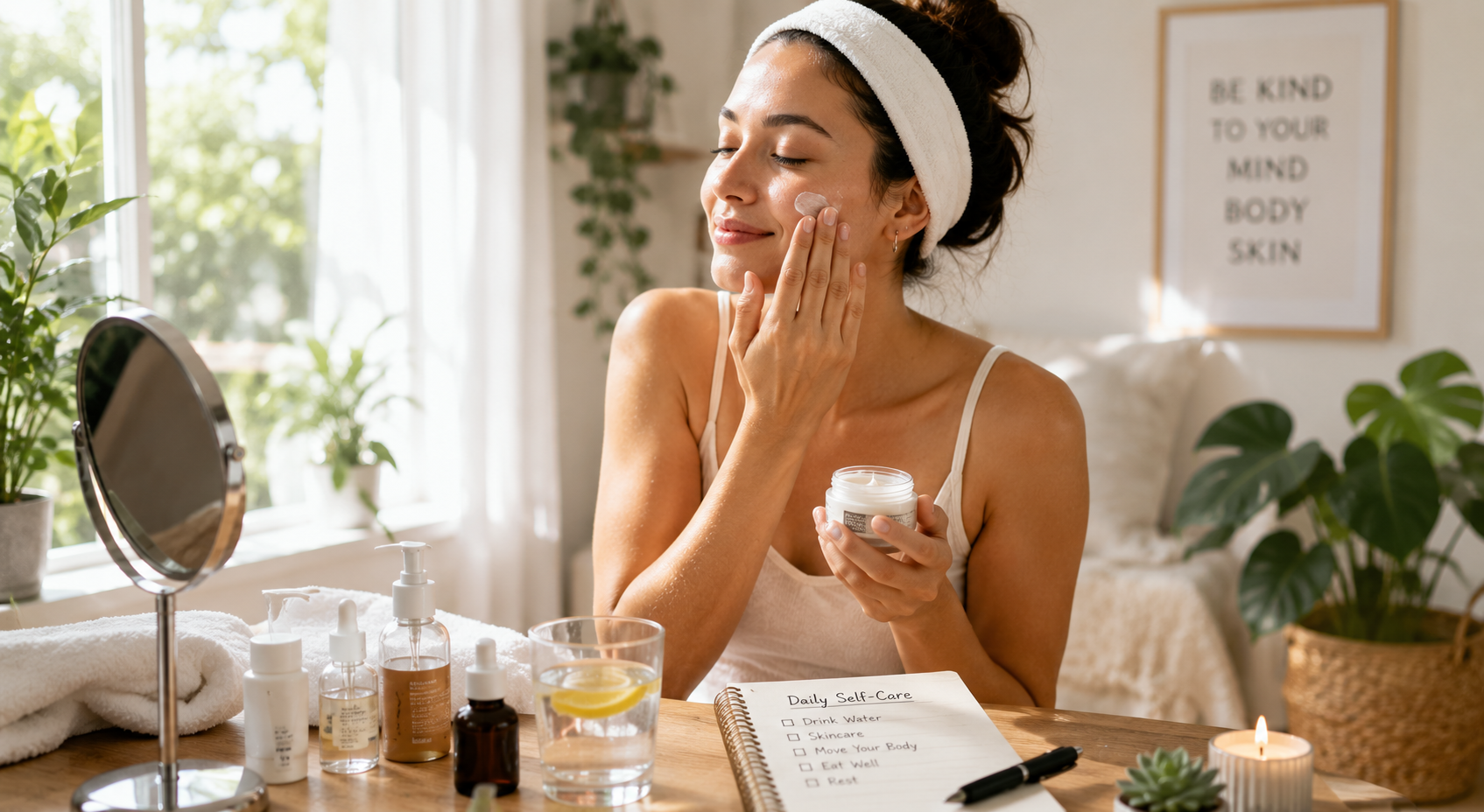 Woman following a simple morning skin care routine in natural light with minimal products on a clean bathroom counter.
